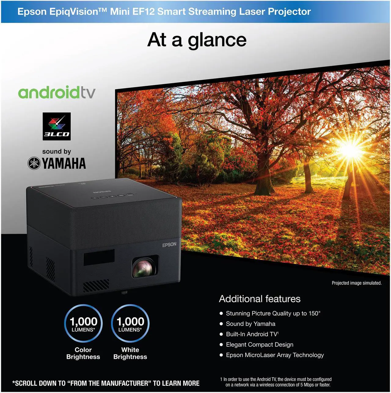 Alt view image 6 of 9 - Epson EpiqVision Mini EF12 Smart Streaming Laser Projector, HDR, Android TV, Portable, sound by Yamaha, 3LCD, Full HD 1080p, 1000 lumens Color Brightness (Color Light Output), 1000 lumens White Bright