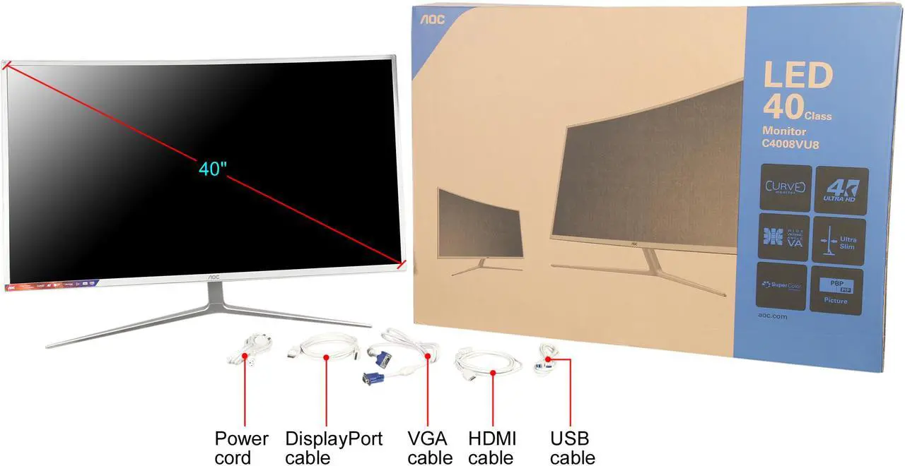 Alt view image 7 of 7 - AOC C4008VU8 White / Silver 40" Curved 4K UHD Display with 10-Bit Color 5ms HDMI Widescreen LED Backlight LCD Monitor 300 cd/m2 DCR 20,000,000:1