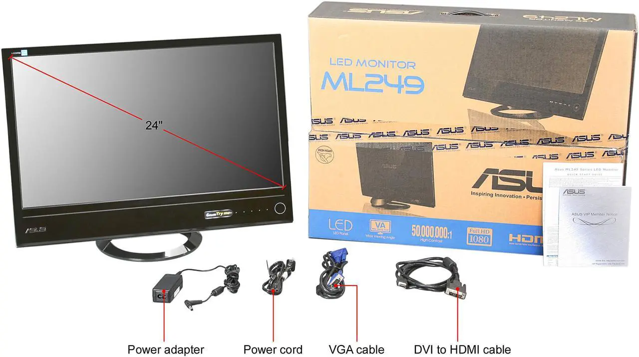 Alt view image 7 of 7 - ASUS ML249H Black 24" HDMI Widescreen MVA Panel 178° Wide Viewing Angle Height & Pivot Adjustable LED Backlit LCD Monitor 250 cd/m2 ASCR 50,000,000:1 (3,000:1)