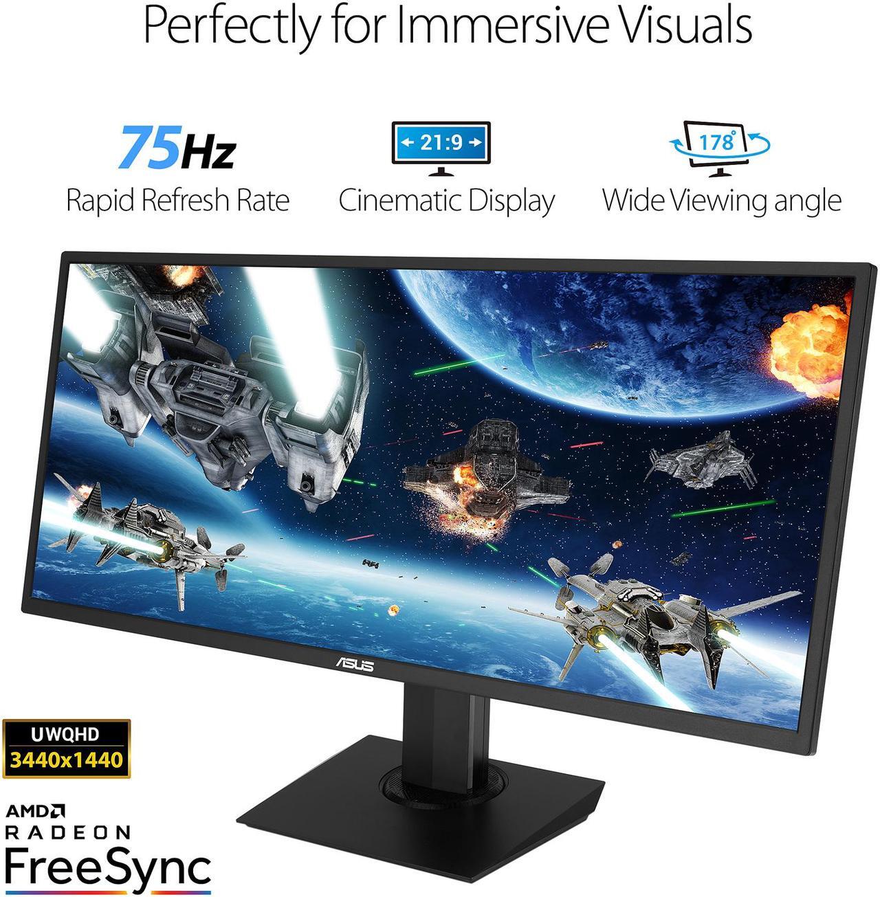 Alt view image 2 of 7 - ASUS VP348QGL 34" Quad HD 3440 x 1440 75Hz 2xHDMI DisplayPort Adaptive-SYNC/FreeSync HDR-10 Blue Light Filter Flicker Free Asus Eye Care Built-in Speakers Ultra Wide Backlit LED Gaming Monitor