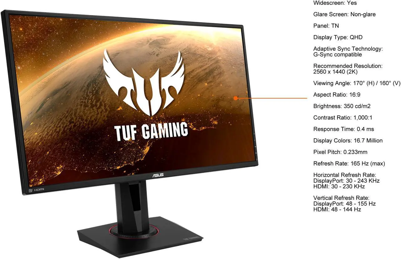 Alt view image 5 of 9 - ASUS TUF Gaming 27" 1440P HDR Gaming Monitor (VG27BQ) - QHD (2560 x 1440), 165Hz (Supports 144Hz), 0.4ms, Extreme Low Motion Blur, Speaker, G-SYNC Compatible, VESA Mountable, DisplayPort, HDMI