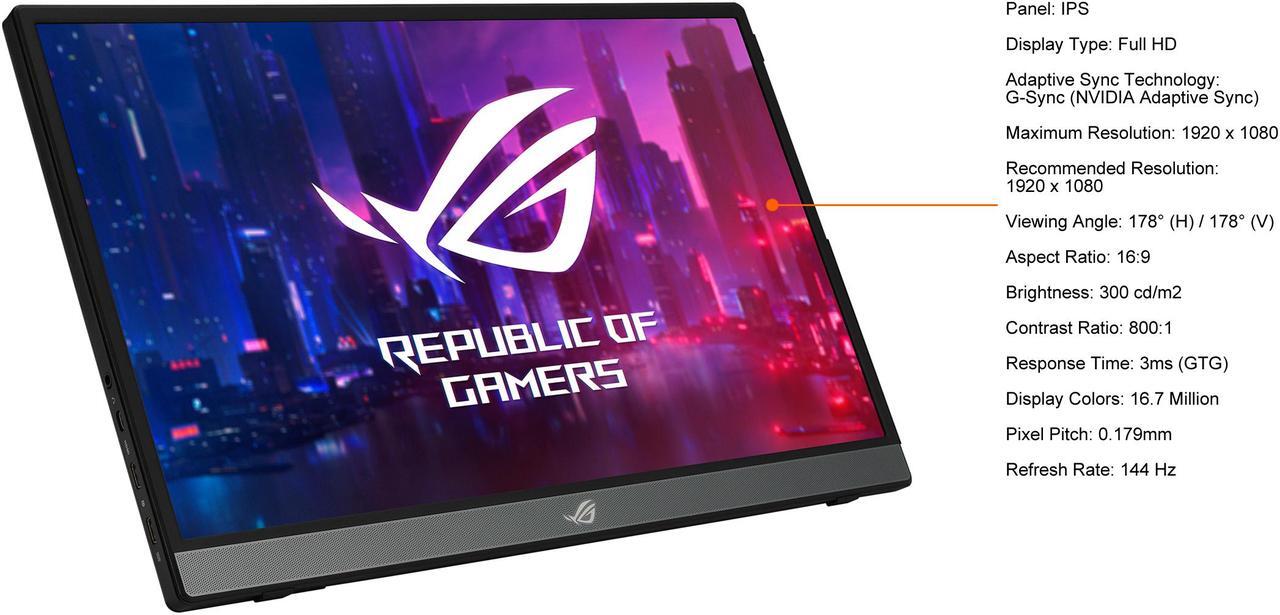 Alt view image 6 of 11 - ASUS ROG Strix XG16AHPE 15.6" 1080P Full HD, 144Hz, IPS, G-SYNC Compatible, Built-in Battery, Kickstand, USB-C Power Delivery, Micro HDMI, For Laptop, PC, Phone, Console Portable Gaming Monitor