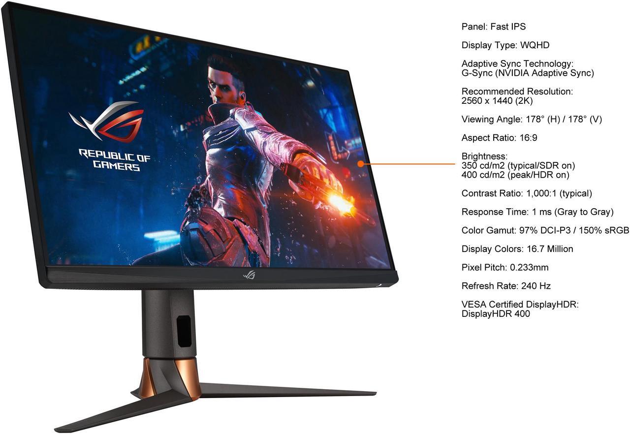 Alt view image 6 of 13 - ASUS ROG Swift 27" 1440P Gaming Monitor (PG279QM) - QHD (2560 x 1440), Fast IPS, 240Hz, 1ms, G-SYNC, NVIDIA Reflex Latency Analyzer, DisplayHDR400, Eye Care, HDMI, DisplayPort, USB, Height Adjustable