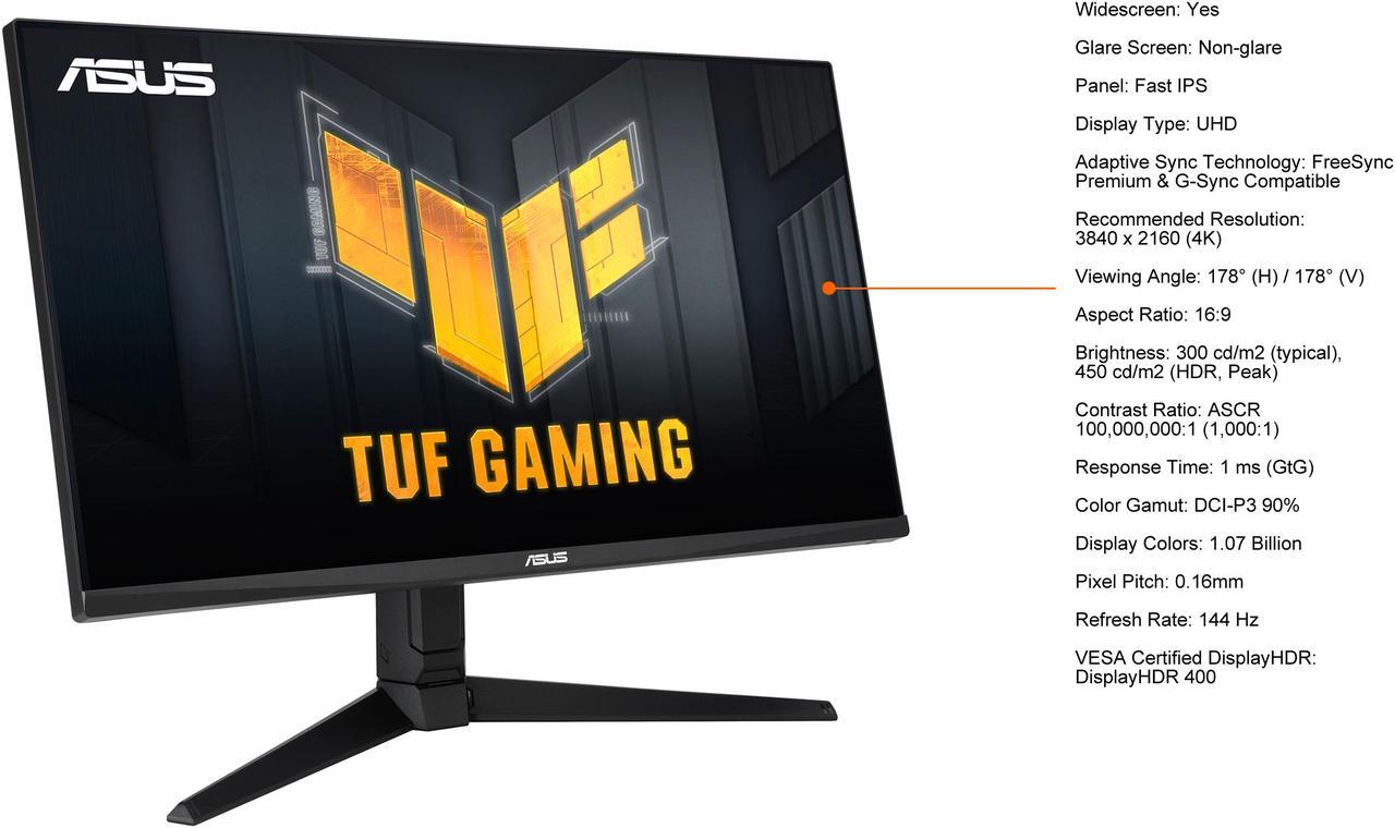 Alt view image 5 of 9 - ASUS TUF Gaming 28" 4K 144Hz DSC HDMI 2.1 Gaming Monitor (VG28UQL1A) - UHD (3840 x 2160), Fast IPS, 1ms, Extreme Low Motion Blur Sync, G-SYNC Compatible, FreeSync Premium, Eye Care, DCI-P3 90%