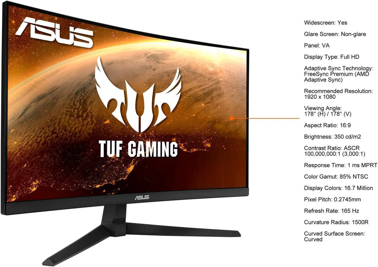 Alt view image 6 of 10 - ASUS TUF Gaming 24" (23.8" viewable) 1080P Curved Gaming Monitor (VG24VQ1B) - Full HD, 165Hz (Supports 144Hz), 1ms, Extreme Low Motion Blur, Speakers, Adaptive-sync/FreeSync Premium, Eye Care, DisplayPort, HDMI