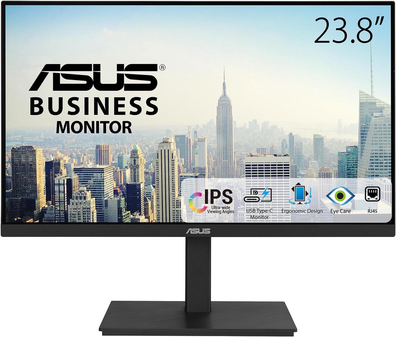 ASUS 23.8" 1080P Docking Monitor (VA24ECPSN) - Full HD, IPS, 75Hz, Adaptive-Sync, Speakers, Eye Care, Low Blue Light, Flicker Free, USB-C, RJ45, HDMI, Frameless, Height Adjustment, VESA Wall Mountable