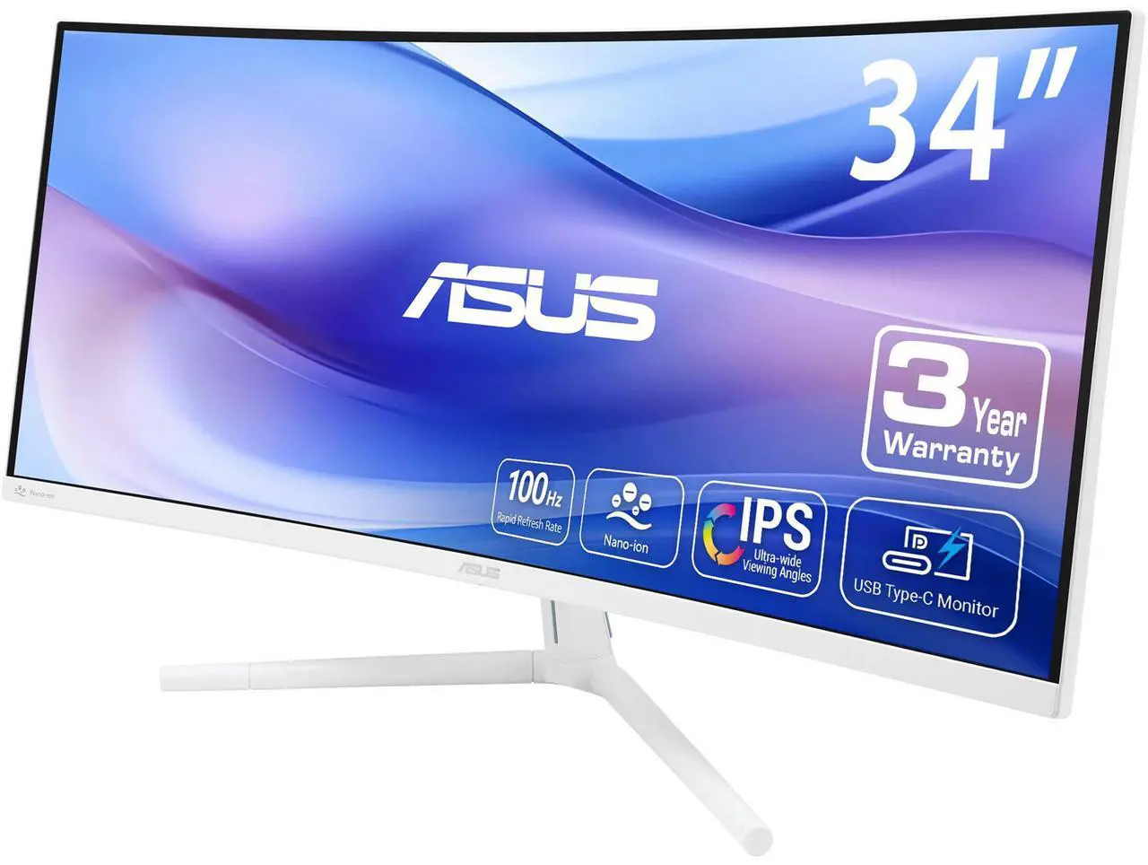 Alt view image 3 of 16 - ASUS 34" Ultra-wide Curved Eye Care Monitor (VU34WCIP-W) - WQHD (3440x1440), 1500R Curvature, Frameless, 100Hz, Nano-ion, SmoothMotion, Eye Care Plus, USB-C PD 65W, Speakers