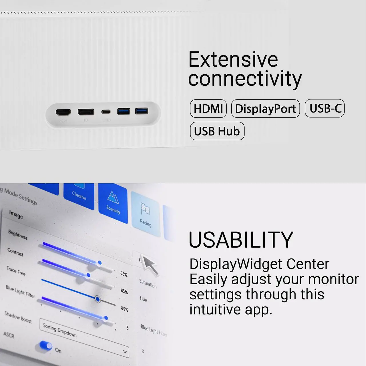 Alt view image 14 of 16 - ASUS 34" Ultra-wide Curved Eye Care Monitor (VU34WCIP-W) - WQHD (3440x1440), 1500R Curvature, Frameless, 100Hz, Nano-ion, SmoothMotion, Eye Care Plus, USB-C PD 65W, Speakers