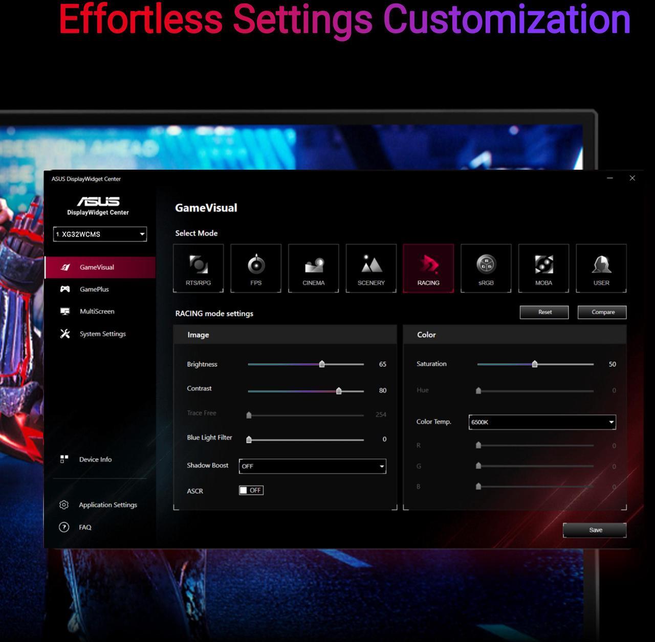 Alt view image 8 of 9 - ASUS ROG Strix 32" 1440P USB-C Curved HDR400 Gaming Monitor (XG32WCMS) - QHD (2560x1440), 280Hz, 1ms, Fast VA, Extreme Low Motion Blur Sync, DisplayWidget, Tripod Socket, AI Gaming