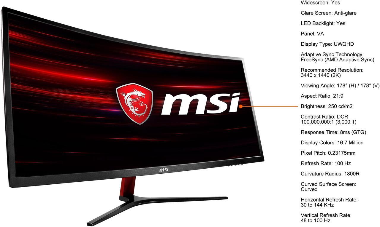 Alt view image 5 of 15 - MSI Optix MAG341CQ 34" UWQHD 3440 x 1440 2K 100Hz DisplayPort HDMI DVI AMD FreeSync Anti-Flicker UltraWide Anti-Glare Backlit LED Curved Gaming Monitor