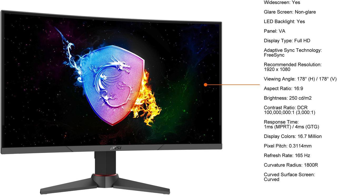 Alt view image 4 of 20 - MSI Optix MAG271VCR 27" Full HD 1920 x 1080 1ms (MPRT) 165Hz 2 x HDMI, DisplayPort FreeSync Height Adjustable Curved Gaming Monitor