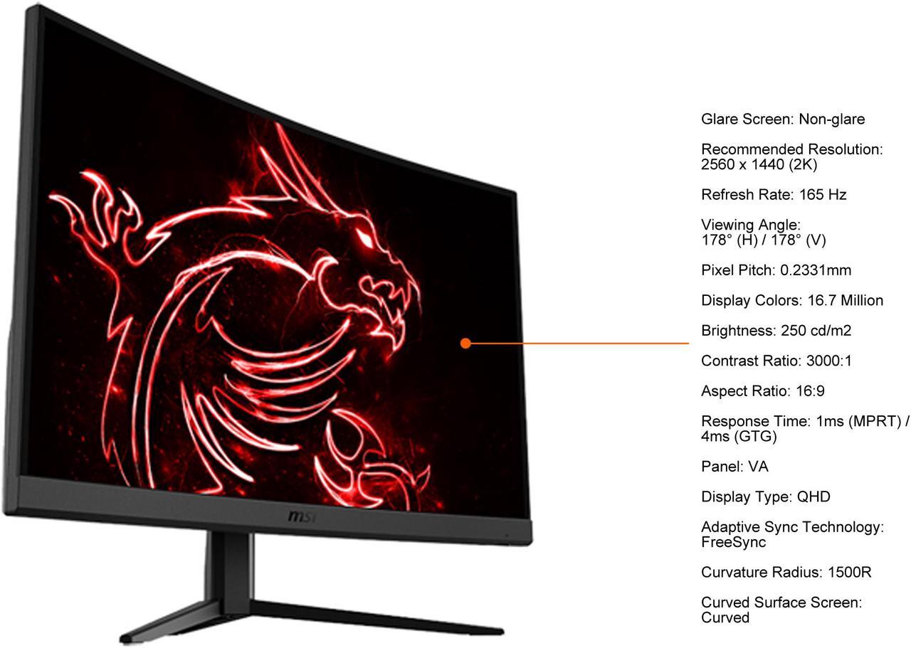 Alt view image 4 of 8 - MSI 27" 165 Hz VA QHD Gaming Monitor FreeSync 2 x HDMI, DisplayPort Optix G27CQ4