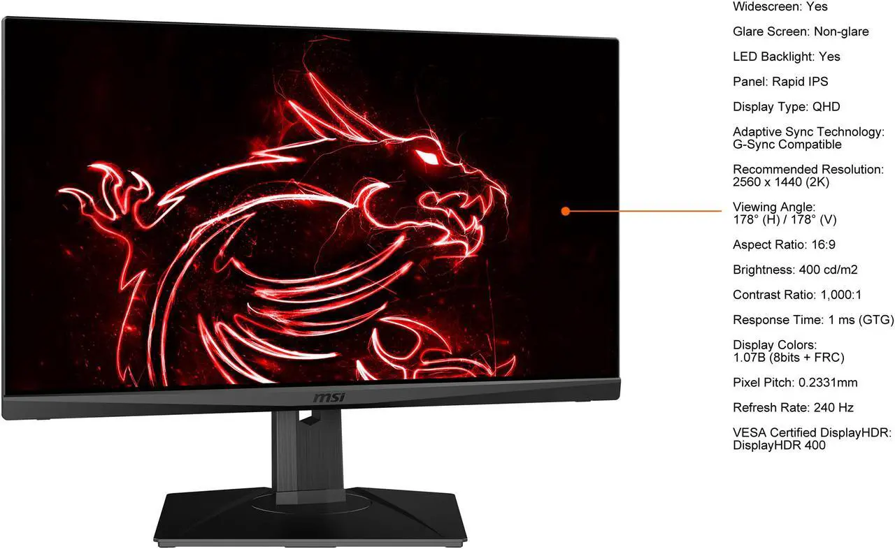 Alt view image 2 of 20 - MSI 27" 240 Hz Rapid IPS WQHD Rapid IPS Gaming Monitor G-Sync Compatible HDMI, DisplayPort, USB Optix MAG274QRX