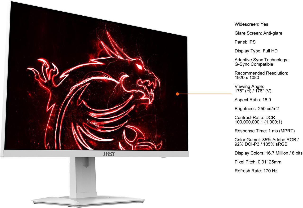 Alt view image 8 of 20 - MSI Optix G274RW 27" 16:9 Gaming Monitor White, 170Hz 1ms, 1920 x 1080 (FHD), G-Sync Compatible, Height Adjustable Arm, RGB LED