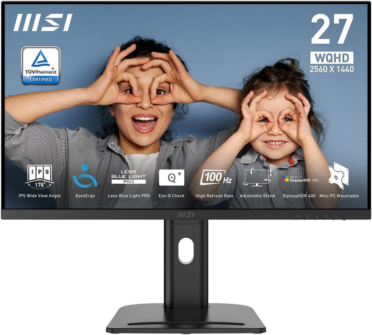 MSI PRO MP273QP E2 27" IPS 2560 x 1440 (QHD) Computer Monitor, 100Hz, Free-Sync, HDMI, DP Port, VESA Mountable, Height Adjustable, Tilt, Speaker, 1ms, Black