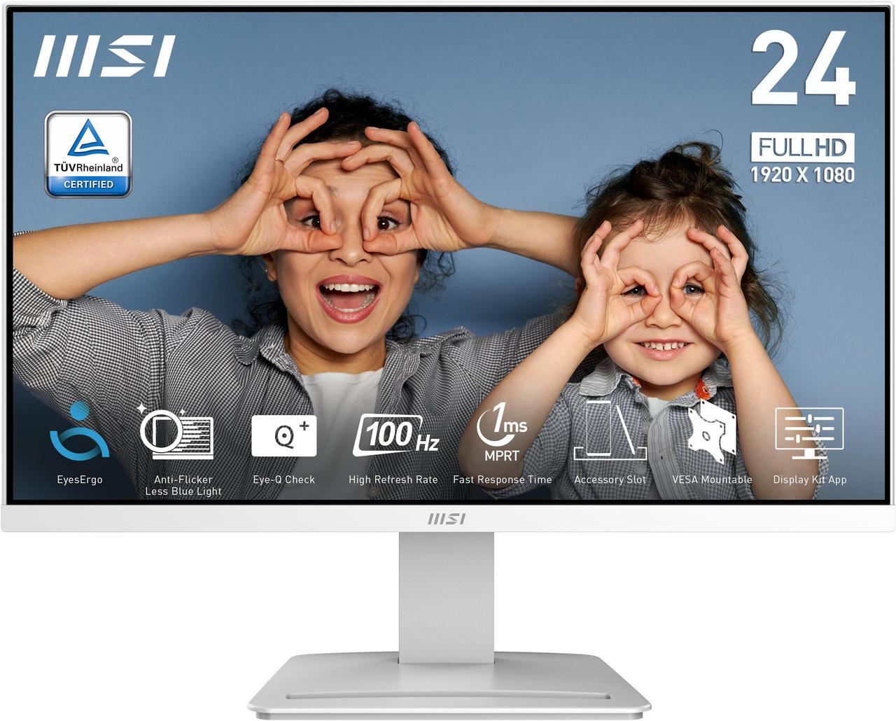 MSI PRO MP2412W 24" VA 1920 x 1080 (FHD) Computer Monitor, 100Hz, Free-Synch, HDMI, DisplayPort, VESA Mountable, Tilt, 1ms, White