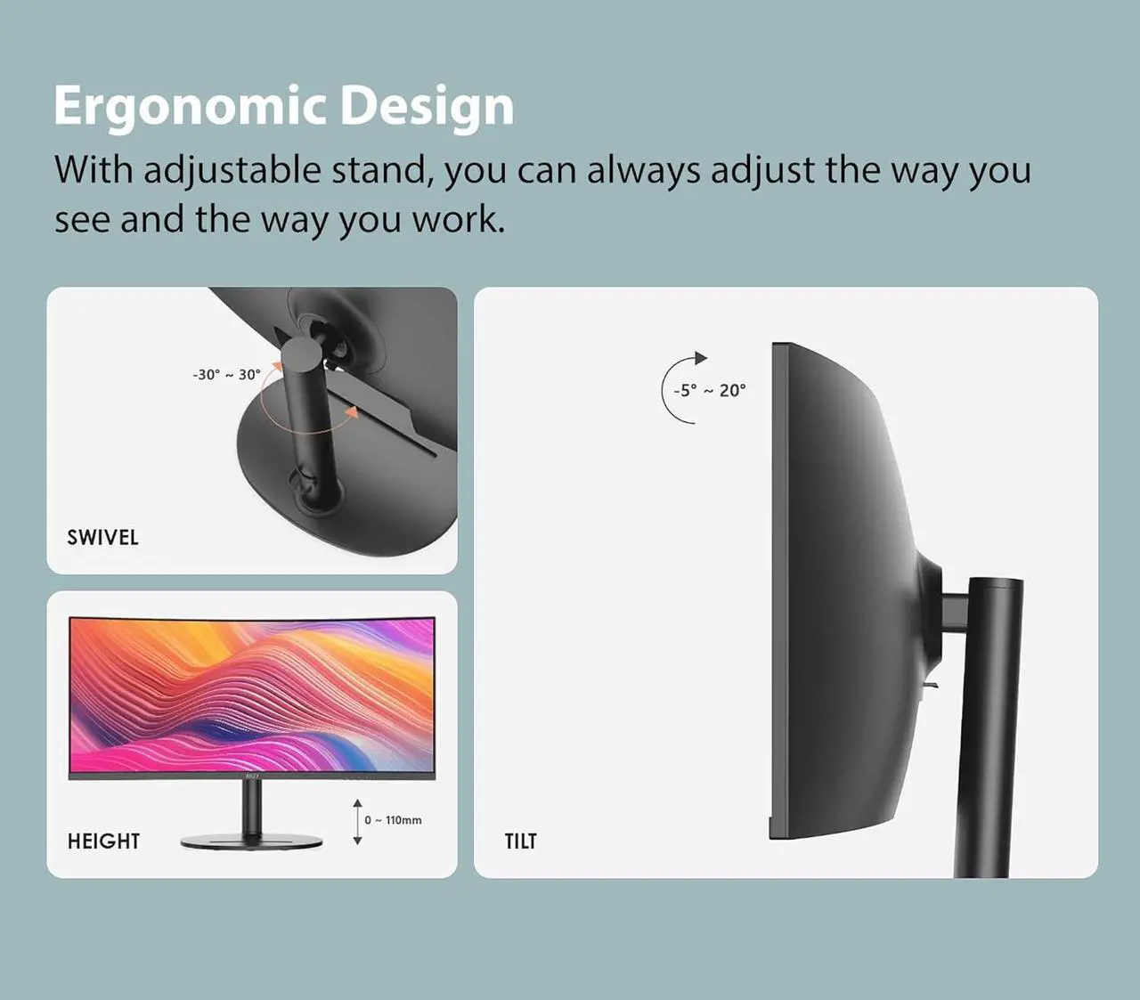 Alt view image 9 of 14 - MSI 34" 120 Hz VA UWQHD Monitor 1ms (MPRT) / 4ms (GTG) Adaptive-Sync Adobe RGB / DCI-P3 / sRGB: 92% / 95% / 119% Curved Modern MD342CQP