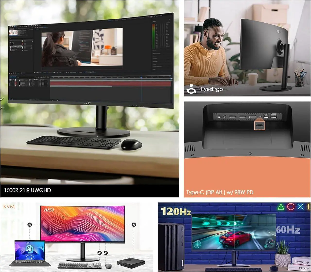 Alt view image 11 of 14 - MSI 34" 120 Hz VA UWQHD Monitor 1ms (MPRT) / 4ms (GTG) Adaptive-Sync Adobe RGB / DCI-P3 / sRGB: 92% / 95% / 119% Curved Modern MD342CQP