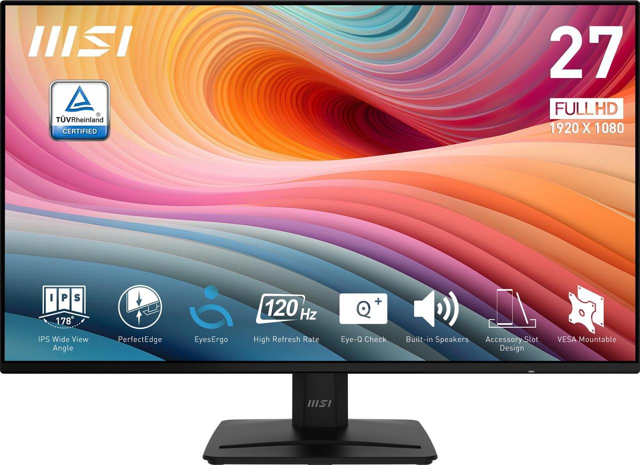 MSI PRO MP271A E2 27-inch IPS 1920 x 1080 (FHD) Gaming Office Monitor, 120Hz, Free-Synch, HDMI, DisplayPort, VGA Port, VESA Mountable, Tilt, Speaker, 4-side slim bezel 1ms, Black