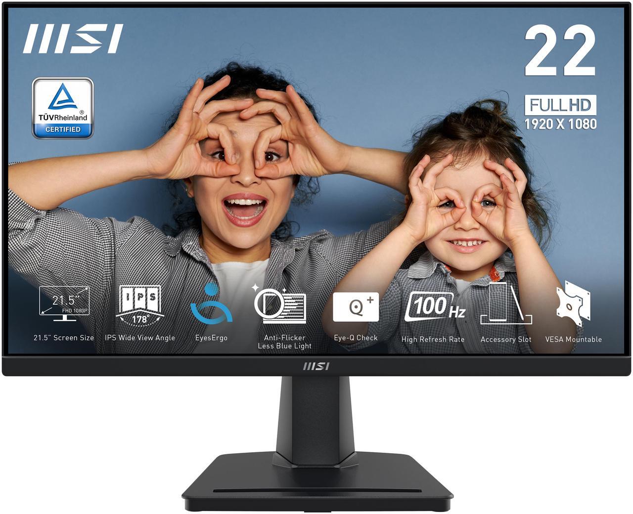Alt view image 2 of 8 - MSI PRO MP225, 22-inch IPS 1920 x 1080 (FHD) Computer Monitor, 100Hz, Adaptive-Synch, HDMI, Video Port, VESA Mountable, Tilt, 1ms, Black