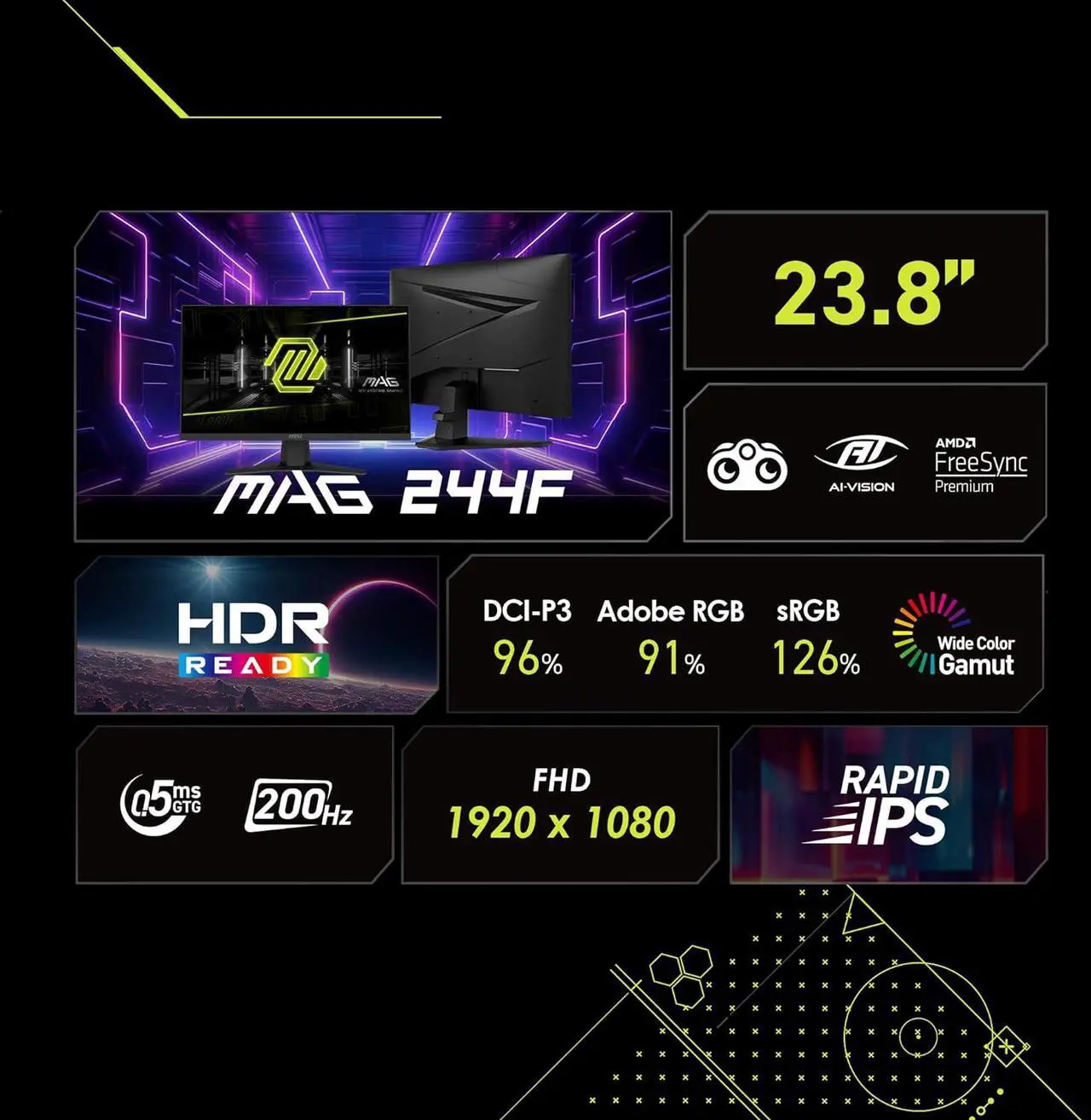 Alt view image 5 of 14 - MSI 24" (23.6" Viewable) 180 Hz VA FHD Gaming Monitor Adaptive Sync 87% ADOBE RGB / 84% DCI-P3 / 105% sRGB MAG 244C