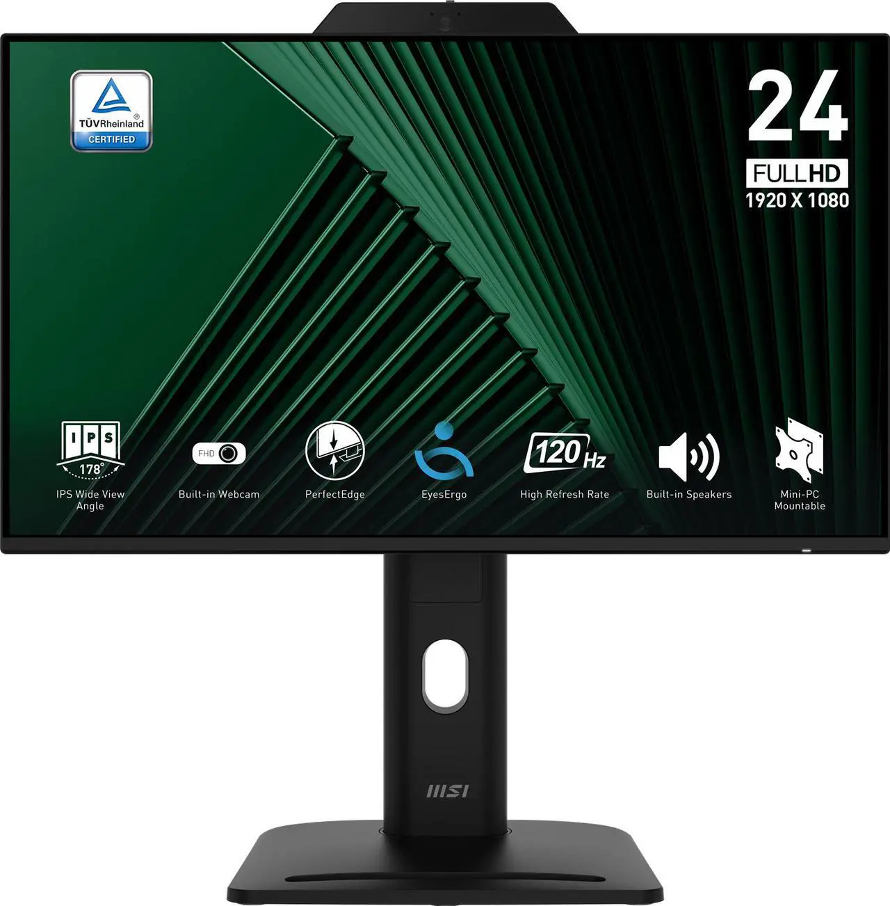 Alt view image 3 of 18 - MSI PRO MP242PMG, 24-inch IPS 1920 x 1080 (FHD) Computer Monitor, 120Hz, Webcam, Adaptive-Synch, EPEAT Silver, HDMI, DisplayPort, VGA Port, VESA Mountable, Tilt, Height Adjustable, Speaker, 1ms, Black