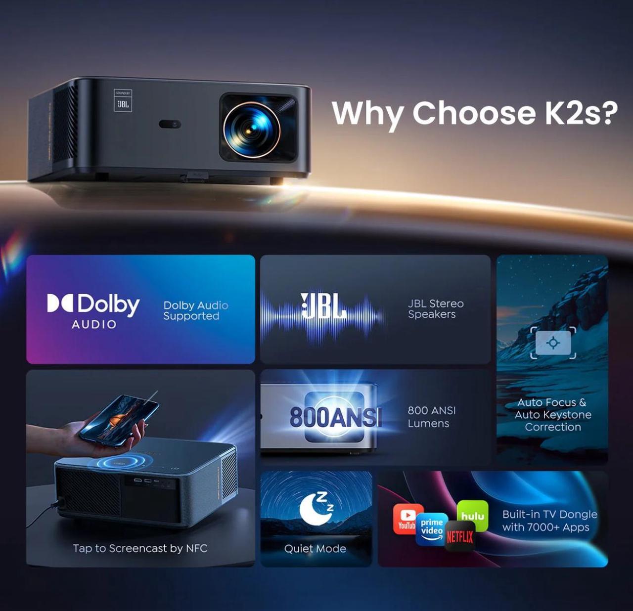 Alt view image 6 of 9 - Yaber K2S Premier Home Theater Projector with Built-in TV Dongle and Dolby Audio & JBL Stereo Speakers