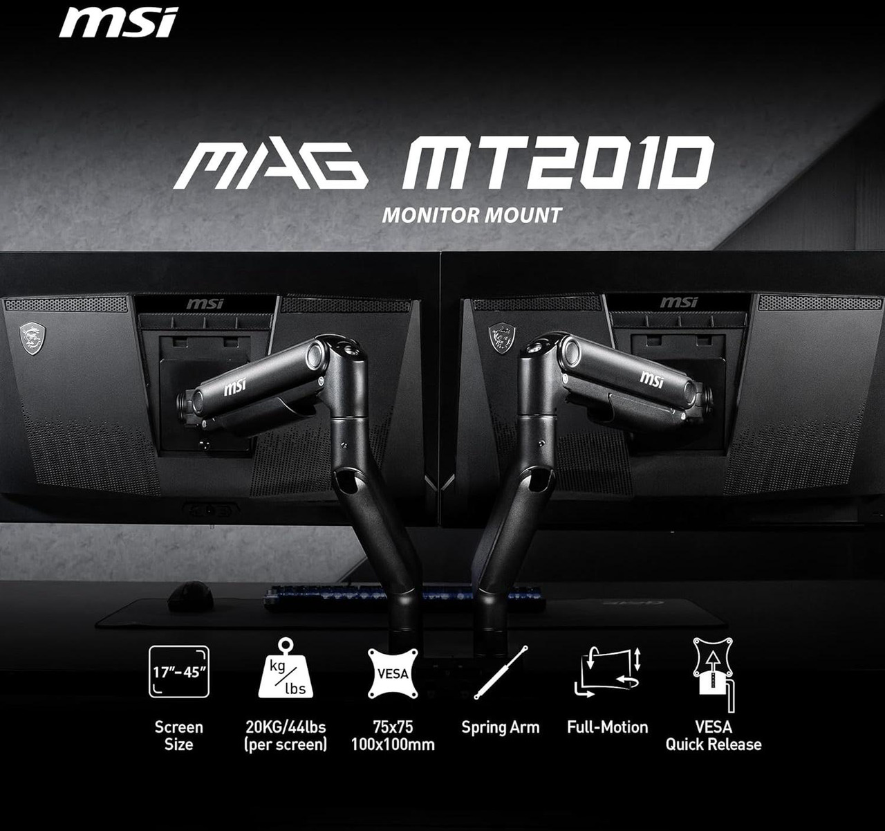 Open Box: MSI MAG MT201D - Premium Heavy Duty Dual Monitor Stand Arms, 17-45" Support, VESA Compatible, Adjustable Spring Assisted Mount, 44 lbs per Screen Capacity, Clamp & Grommet, Quick Release Plate - Black - Newegg.com - Open Box condition - Image 24