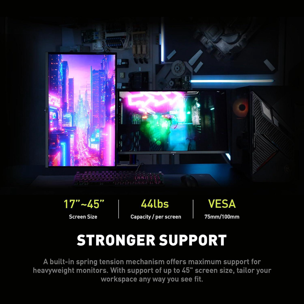 Open Box: MSI MAG MT201D - Premium Heavy Duty Dual Monitor Stand Arms, 17-45" Support, VESA Compatible, Adjustable Spring Assisted Mount, 44 lbs per Screen Capacity, Clamp & Grommet, Quick Release Plate - Black - Newegg.com - Open Box condition - Image 26