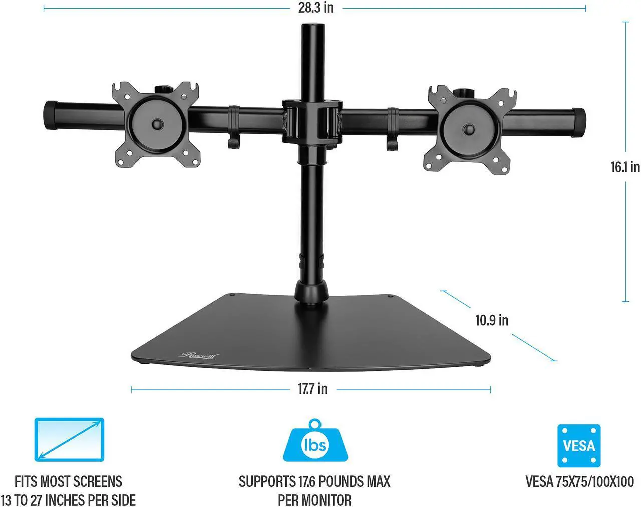 Alt view image 5 of 6 - Rosewill RMS-19001 Dual Desk Stand, Supports 15" - 27" LCD/LED Display VESA75/100, Tilt +/- 15 degree, Swivel 180 degree, Rotate 360 degree, Max. Load 17.6lbs. per monitor