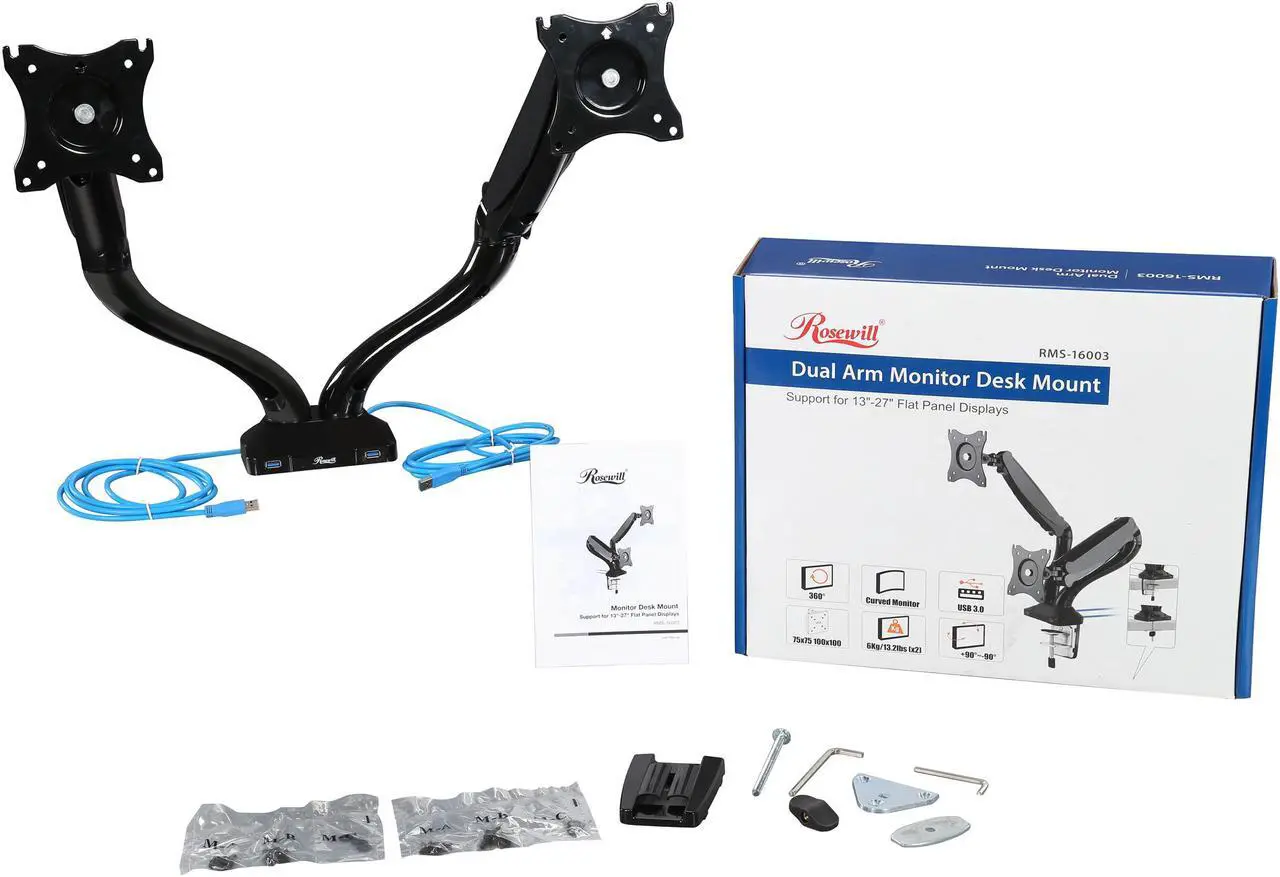 Alt view image 7 of 7 - Rosewill RMS-16003 Dual Monitor Gas Spring Arm Desk Mount, LCD Screens: 13" - 27", VESA: 75/100mm, Tilt: +90/-45 Deg., Swivel: 180 Deg., Rotate: 360 Deg., Max. Load: 13.2 lbs. (Per Arm) with 2 USB3.0