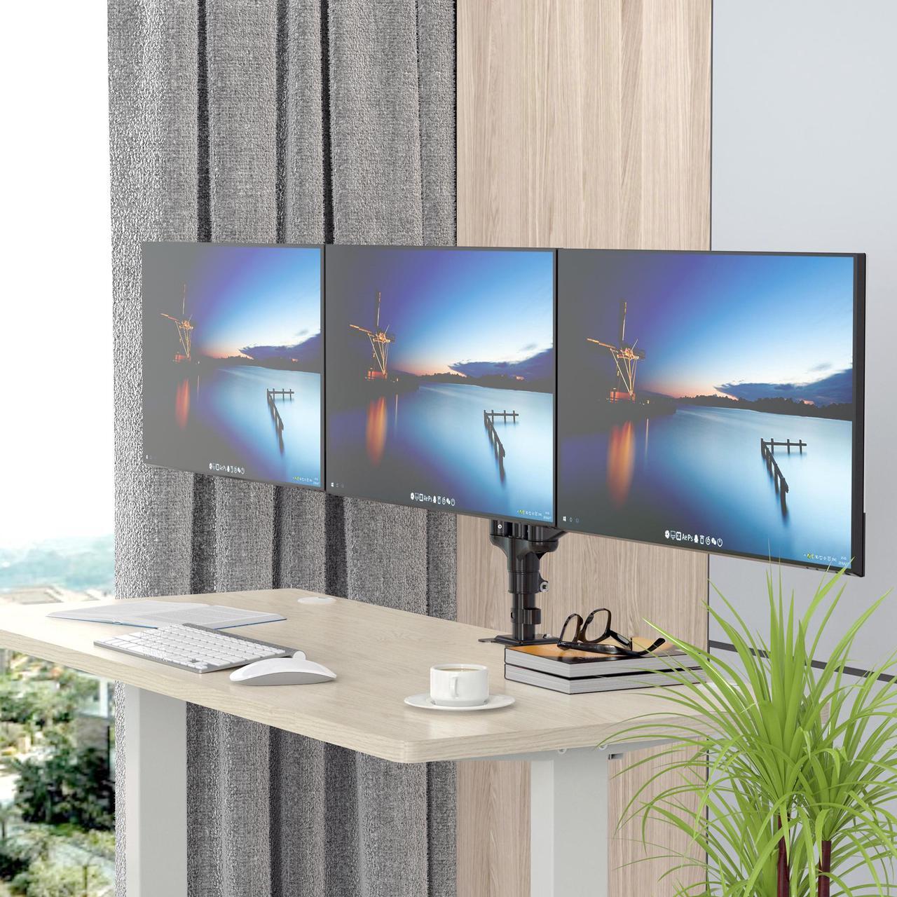 Main image of Rosewill Triple Monitor Mount, 15 to 27 Inch, up to 17.6lbs, Gas Springs Adjustment Triple Monitor Stand with Swivel, Tilt, Rotation, Clamp & Grommet Kit (Black)