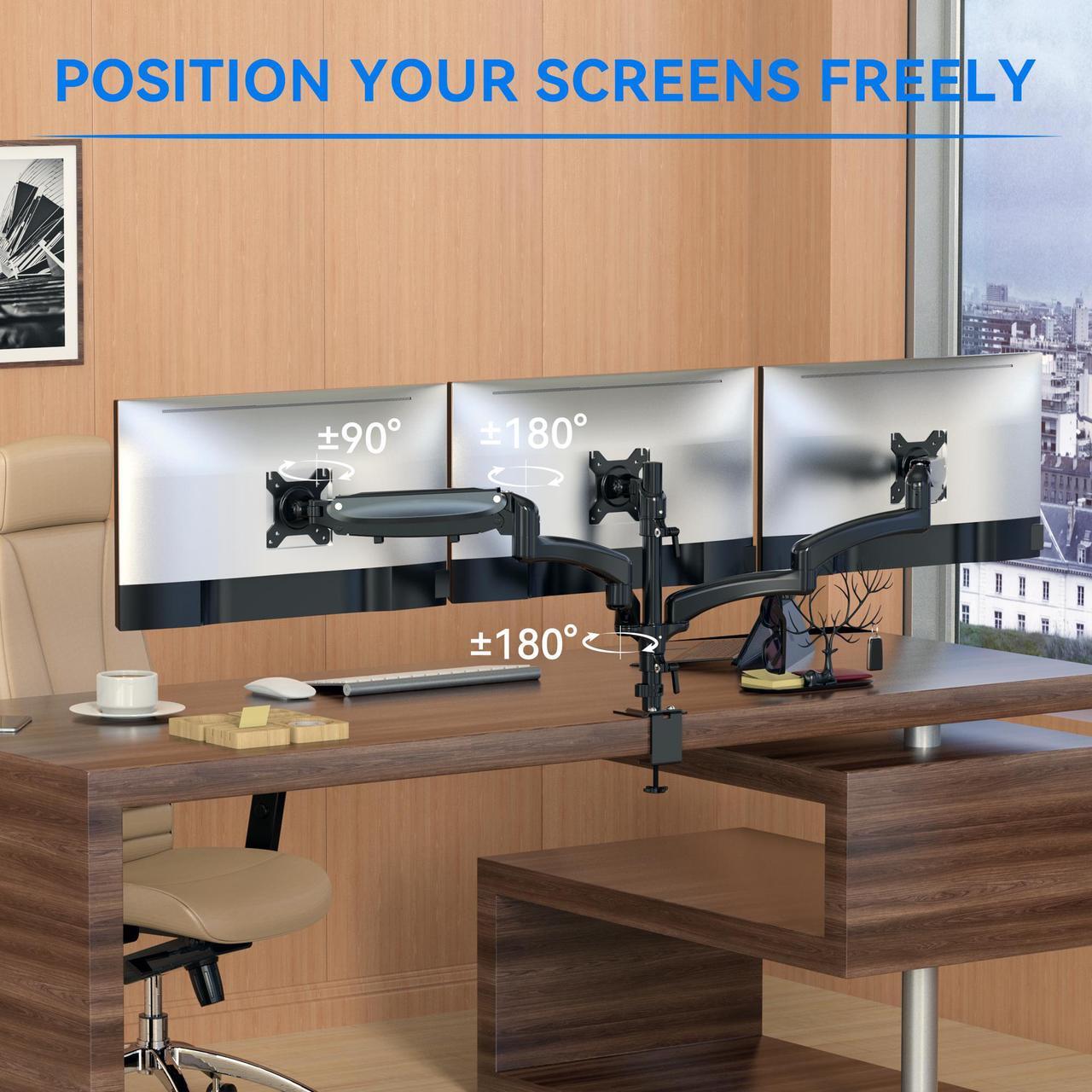 Alt view image 9 of 9 - Rosewill Triple Monitor Mount, 15 to 27 Inch, up to 17.6lbs, Gas Springs Adjustment Triple Monitor Stand with Swivel, Tilt, Rotation, Clamp & Grommet Kit (Black)