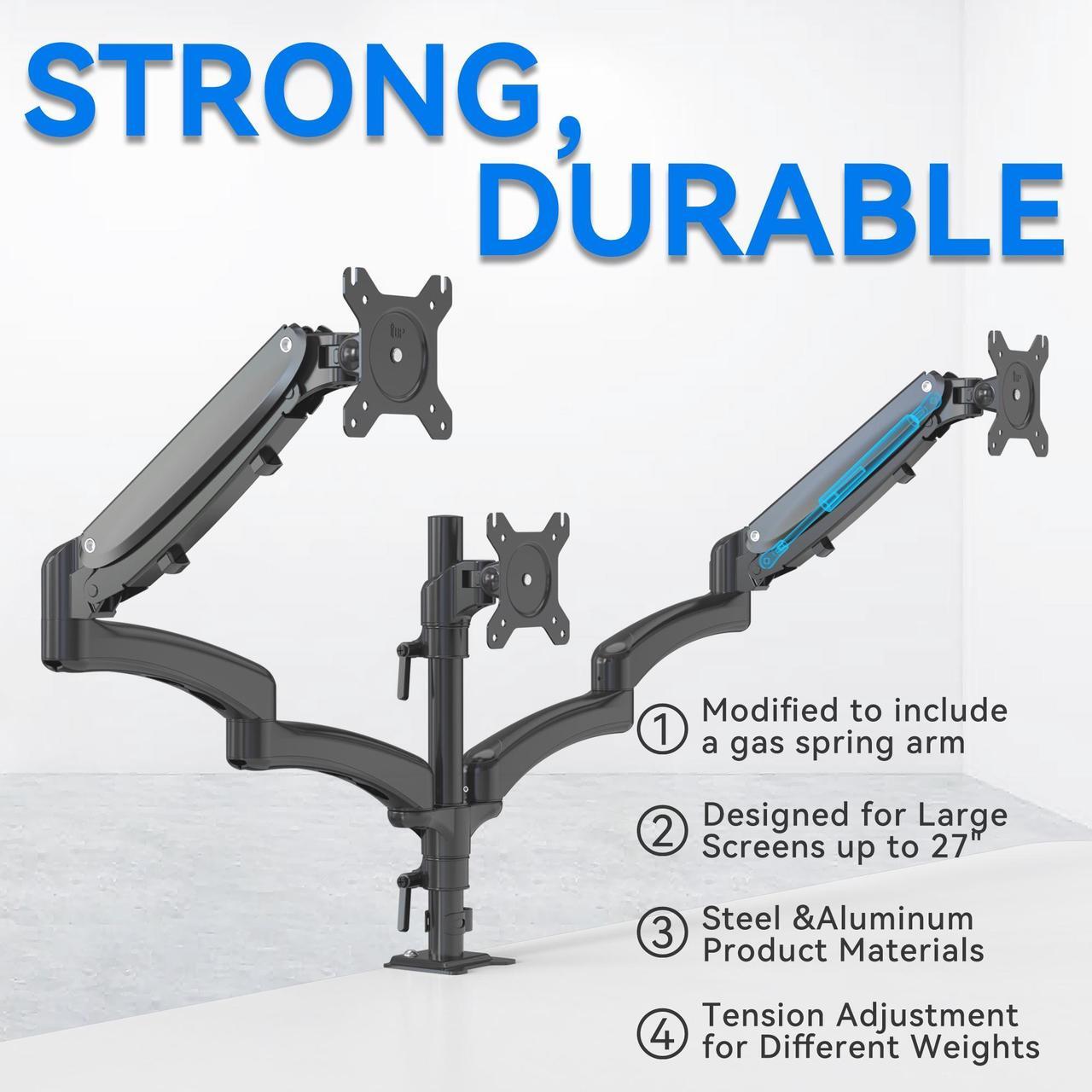 Alt view image 8 of 9 - Rosewill Triple Monitor Mount, 15 to 27 Inch, up to 17.6lbs, Gas Springs Adjustment Triple Monitor Stand with Swivel, Tilt, Rotation, Clamp & Grommet Kit (Black)