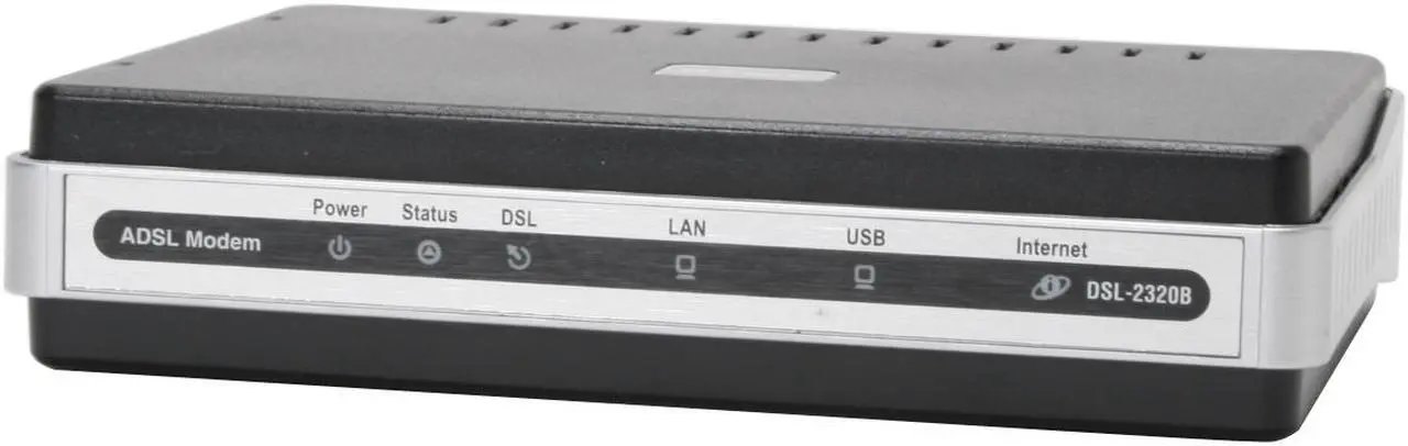 Main image of D-Link DSL-2320B ADSL2/2+ Ethernet/USB Modem 24Mbps Downstream, 3.5Mbps Upstream ADSL Port (RJ-11) 10/100 Ethernet Port (RJ-45) USB 1.1 Port ADSL Standards: Multi-mode  Full-rate ANSI T1.413 Issue 2  ITU-T G.992.1 (G.dmt) Annex A/C/I  ITU-T