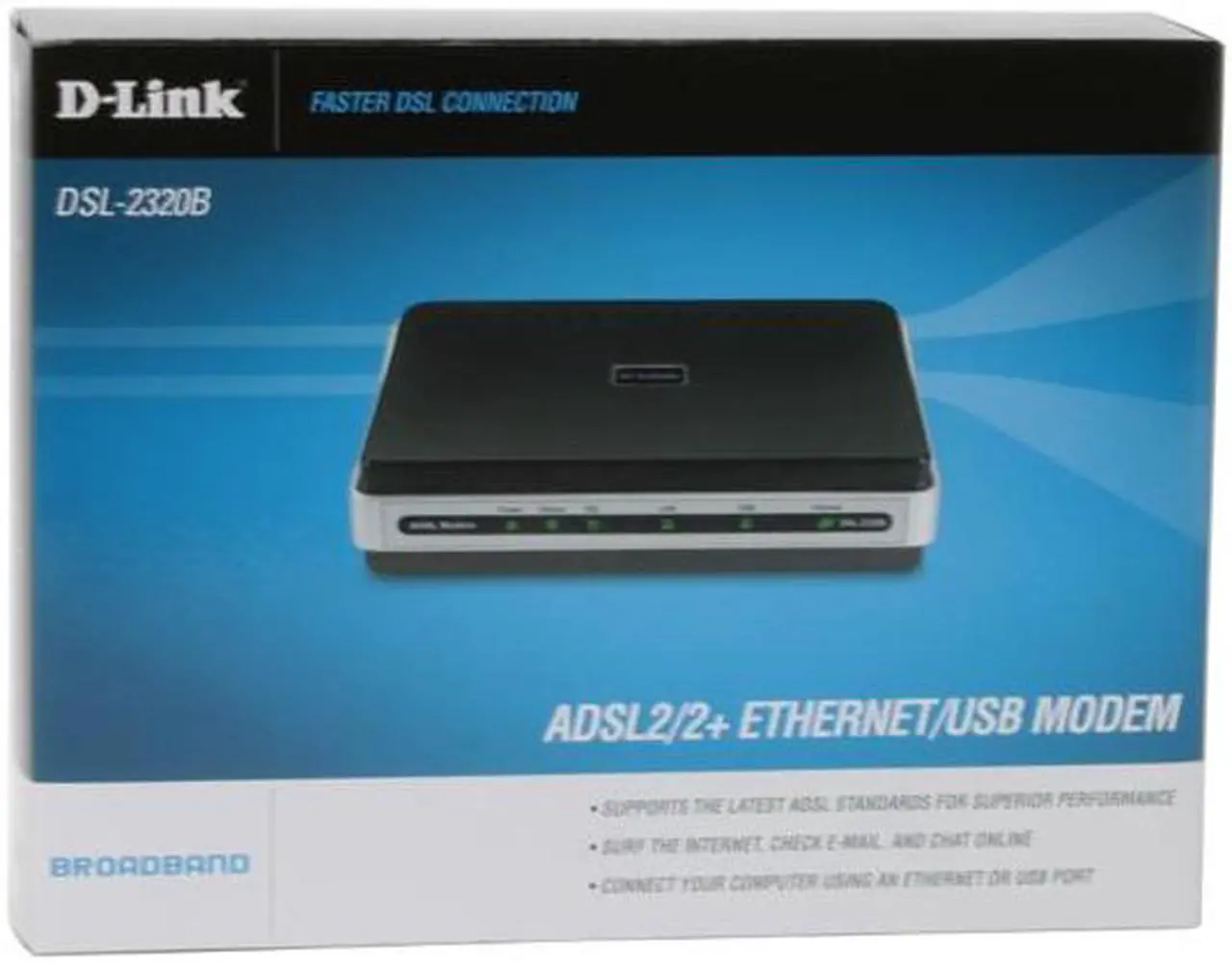 Alt view image 6 of 6 - D-Link DSL-2320B ADSL2/2+ Ethernet/USB Modem 24Mbps Downstream, 3.5Mbps Upstream ADSL Port (RJ-11) 10/100 Ethernet Port (RJ-45) USB 1.1 Port ADSL Standards: Multi-mode  Full-rate ANSI T1.413 Issue 2  ITU-T G.992.1 (G.dmt) Annex A/C/I  ITU-T