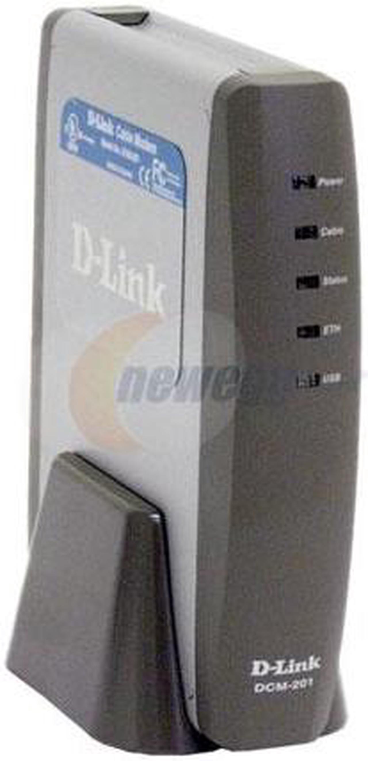 D-Link DCM-201 Cable Modem Downsteam - 256QAM (38Mbps); Upstream - 16QAM (10Mbps) CPE Interface - 10/100Mbps(RJ-45) RF Interface - F- Type Female 75ohm connector USB Interface - USB 1.1 compliant, Type B receptacle MCNS/DOCSIS 1.1 compliant