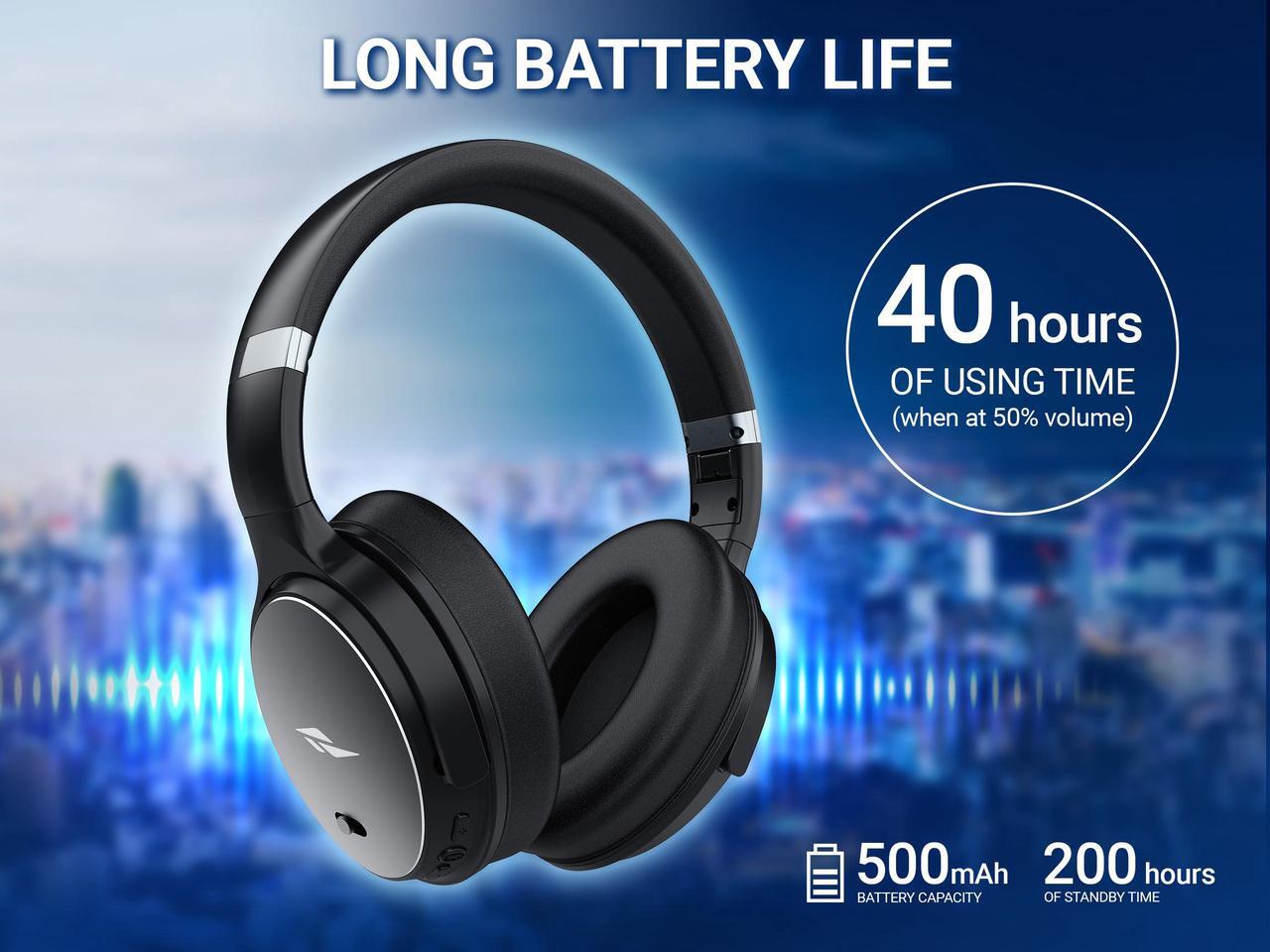 Alt view image 3 of 7 - Rosewill SAROS C740S Active Noise Cancelling (ANC) Wireless Over-Ear Headphones, Rechargeable with up to 40 Hours of Playtime, 40mm Driver, Superior HQ Sound, Foldable Earcups, Portable for Travel