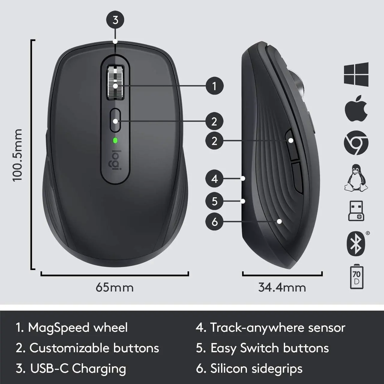 Alt view image 6 of 10 - Logitech MX Anywhere 3 Compact Performance Mouse, Wireless, Comfort, Fast Scrolling, Any Surface, Portable, 4000DPI, Customizable Buttons, USB-C, Bluetooth - Black