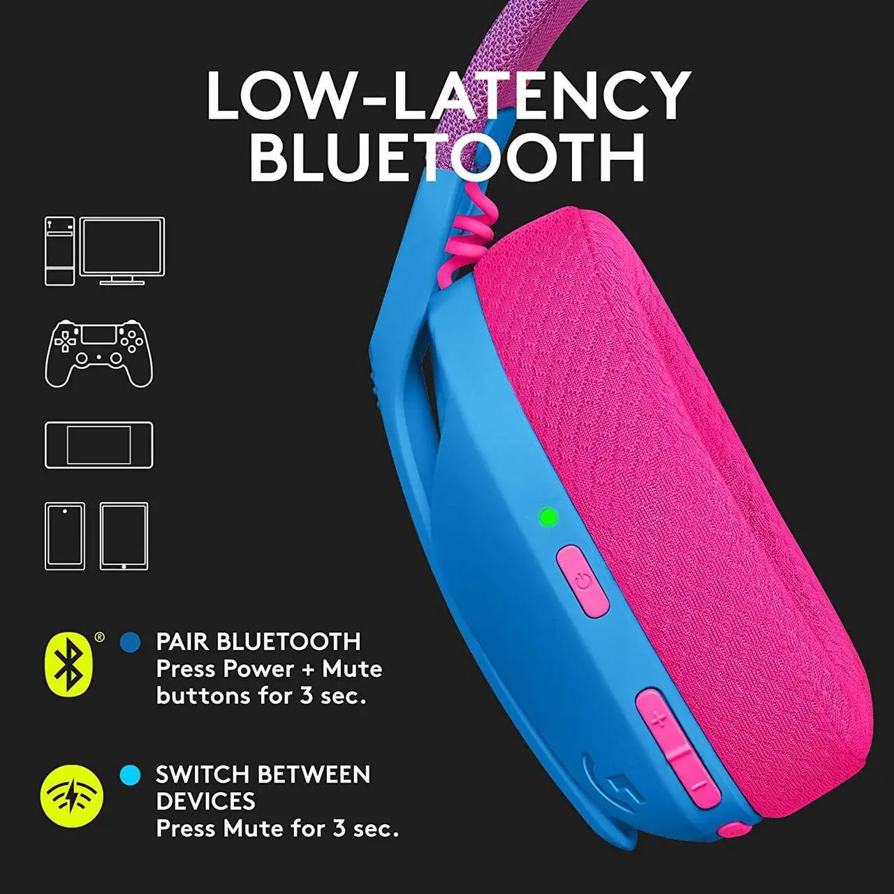 Alt view image 3 of 9 - Logitech G435 LIGHTSPEED and Bluetooth Wireless Gaming Headset - Lightweight over-ear headphones, built-in mics, 18h battery, compatible with Dolby Atmos, PC, PS4, PS5, Nintendo Switch, Mobile - Blue