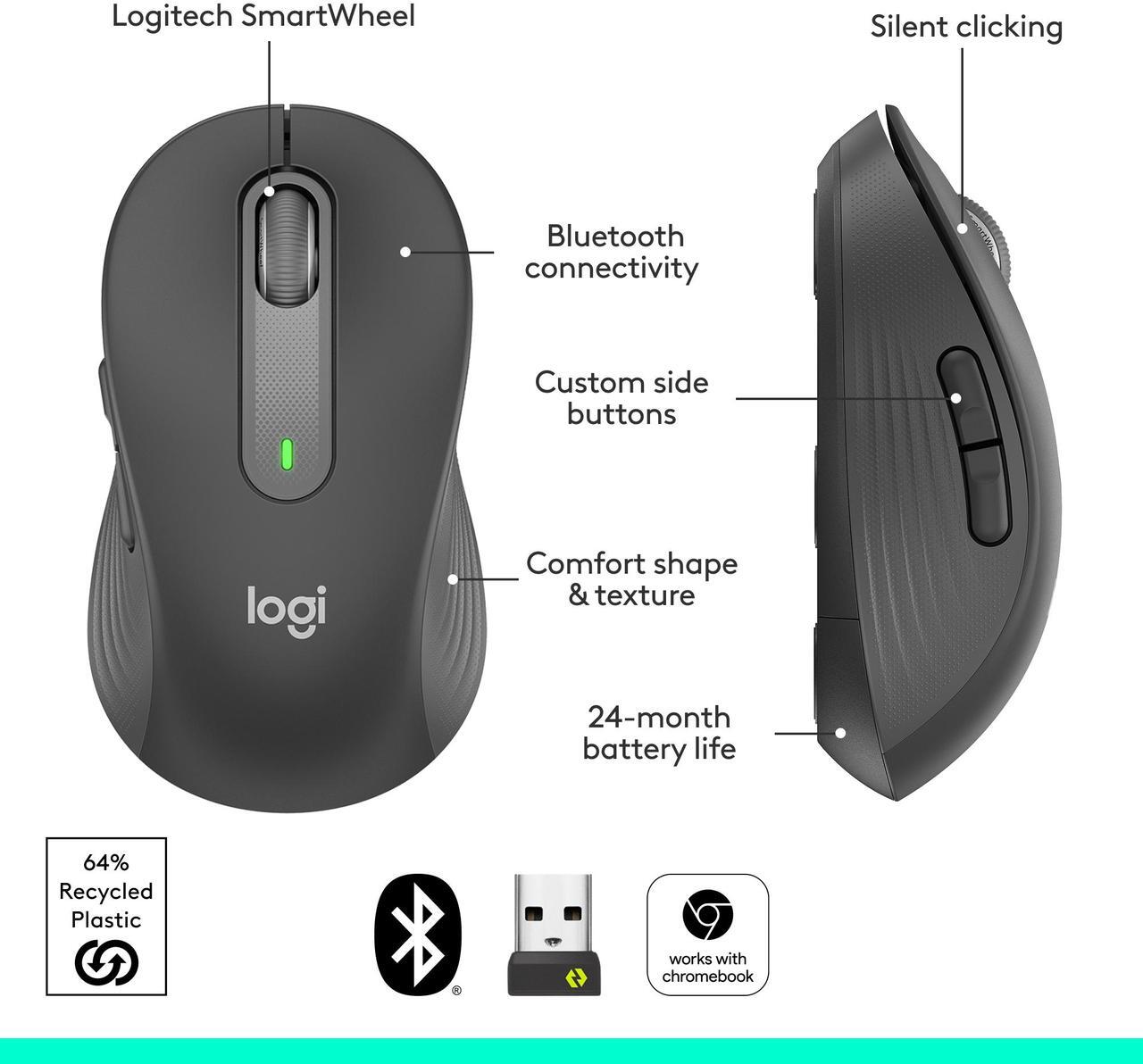 Alt view image 7 of 10 - Logitech Signature M650 Wireless Mouse - For Small to Medium Sized Hands, 2-Year Battery, Silent Clicks, Customizable Side Buttons, Bluetooth, for PC/Mac/Multi-Device/Chromebook
