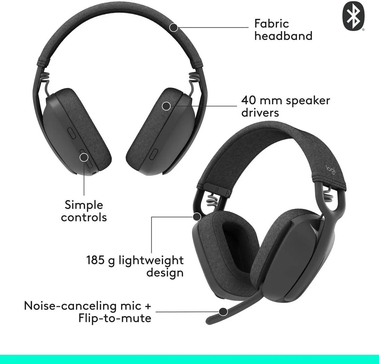Alt view image 6 of 10 - Logitech Zone Vibe 100 Lightweight Wireless Over Ear Headphones with Noise Canceling Microphone, Advanced Multipoint Bluetooth Headset, Works with Teams, Google Meet, Zoom, Mac/PC - Graphite