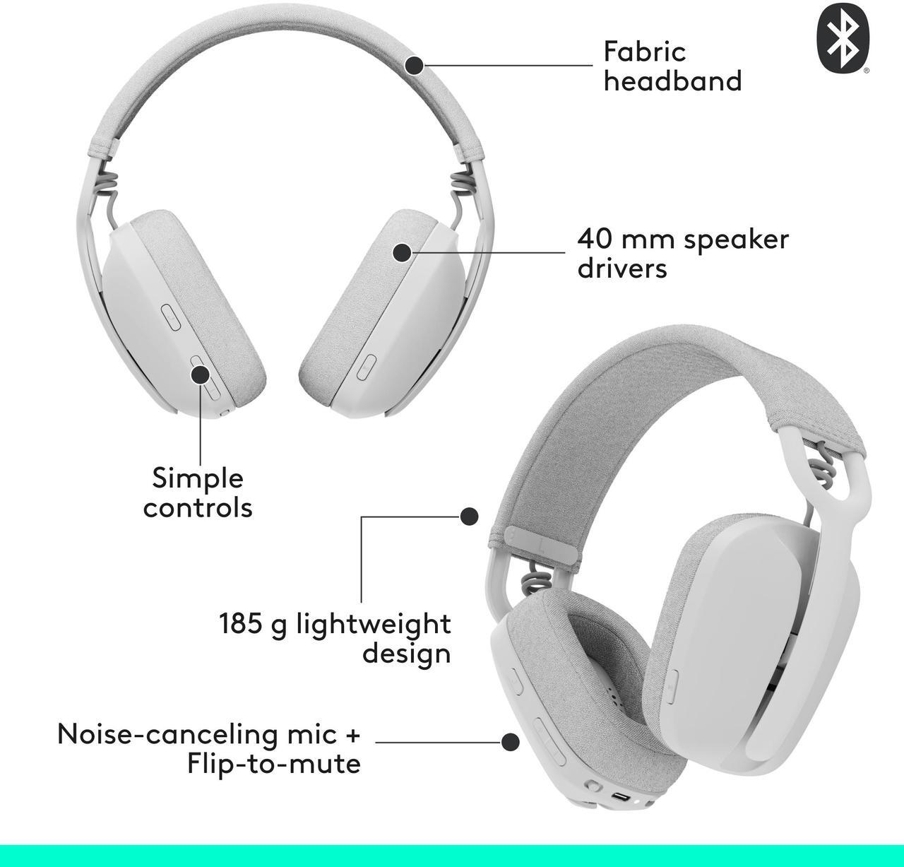Alt view image 6 of 10 - Logitech Zone Vibe 100 Lightweight Wireless Over Ear Headphones with Noise Canceling Microphone, Advanced Multipoint Bluetooth Headset, Works with Teams, Google Meet, Zoom, Mac/PC - Off White