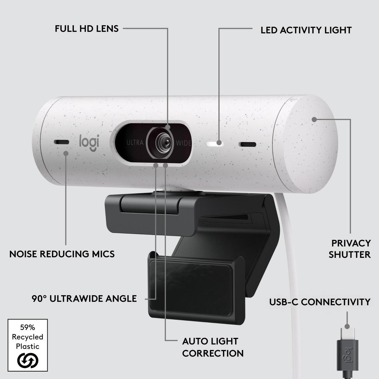 Alt view image 5 of 11 - Logitech Brio 500 Full HD Webcam with Auto Light Correction,Show Mode, Dual Noise Reduction Mics, Webcam Privacy Cover, Works with Microsoft Teams, Google Meet, Zoom, USB-C Cable - Off White