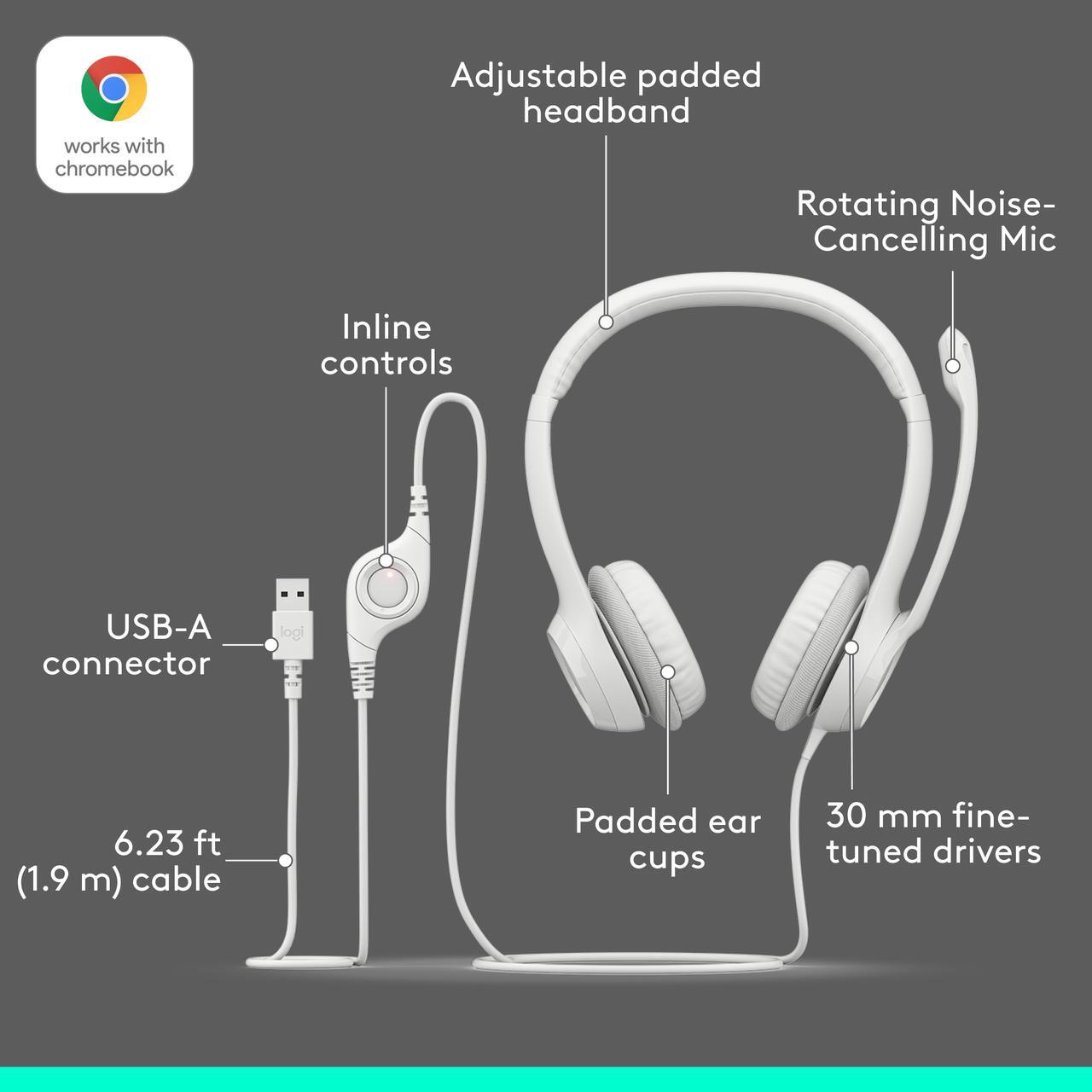 Alt view image 6 of 9 - Logitech H390 Wired Headset for PC/Laptop, Stereo Headphones with Noise Cancelling Microphone, USB-A, In-Line Controls, off white