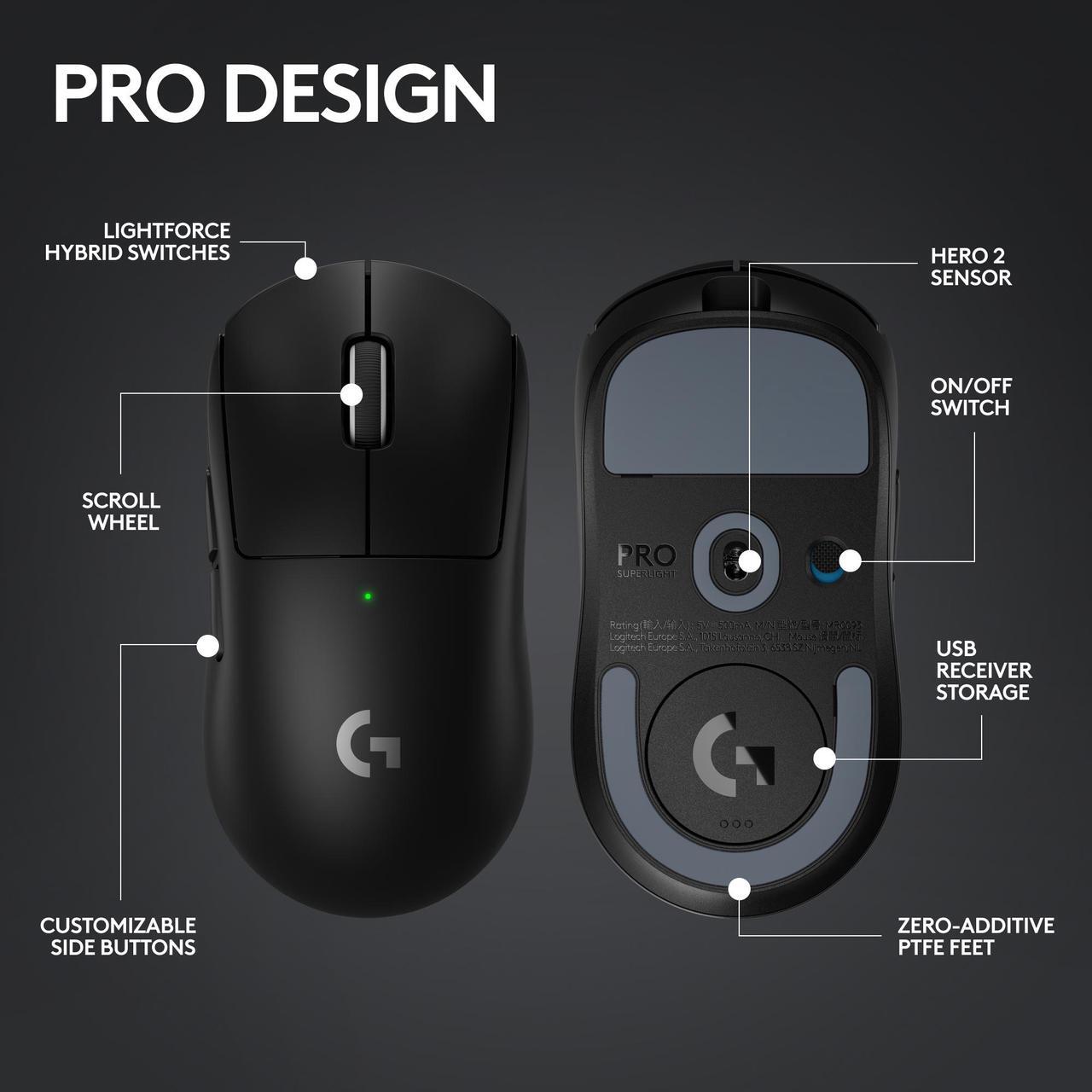 Alt view image 7 of 10 - Logitech G PRO X SUPERLIGHT 2 Lightspeed Wireless Gaming Mouse, Lightweight, LIGHTFORCE Hybrid Switches, Hero 2 Sensor, 44,000 DPI, 5 Programmable Buttons, USB-C Charging, PC & Mac