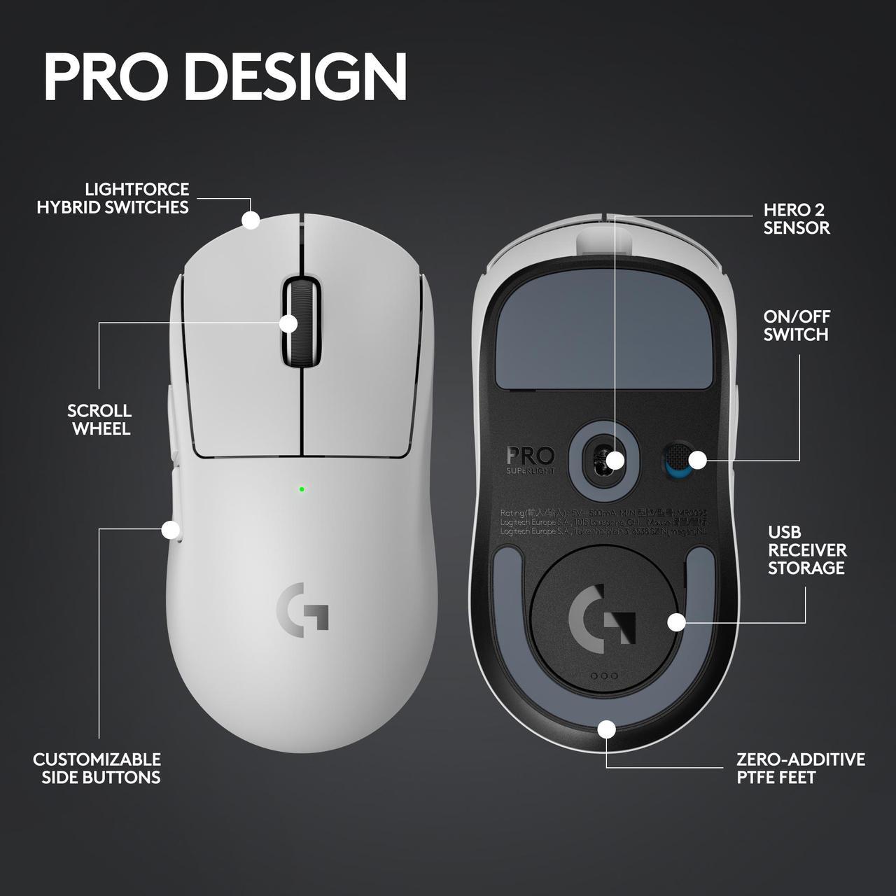 Alt view image 7 of 10 - Logitech G PRO X Superlight 2 Lightspeed Wireless Gaming Mouse, Lightweight, LIGHTFORCE Hybrid Switches, Hero 2 Sensor, 32,000 DPI, 5 Programmable Buttons, USB-C Charging, PC & Mac - White