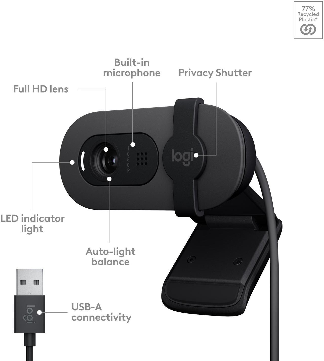 Alt view image 6 of 9 - Logitech Brio 100 Full HD Webcam for Meetings and Streaming, Auto-Light Balance, Built-In Mic, Privacy Shutter, USB-A, for Microsoft Teams, Google Meet, Zoom and More - Graphite