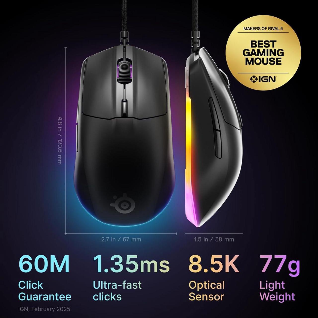 Alt view image 2 of 8 - SteelSeries Rival 3 Gen 2 Gaming Mouse — 8500 DPI TrueMove Core Optical Sensor, 60 Million Click Durability, Low Latency, 77g Lightweight, 100% PTFE Feet, RGB — Black