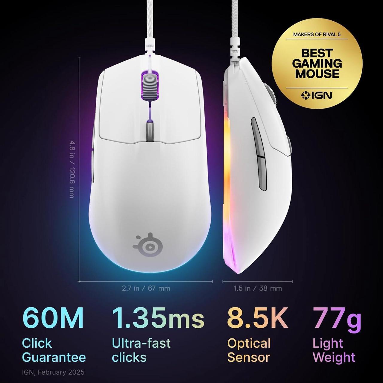 Alt view image 2 of 8 - SteelSeries Rival 3 Gen 2 Gaming Mouse — 8500 DPI TrueMove Core Optical Sensor, 60 Million Click Durability, Low Latency, 77g Lightweight, 100% PTFE Feet, RGB — White